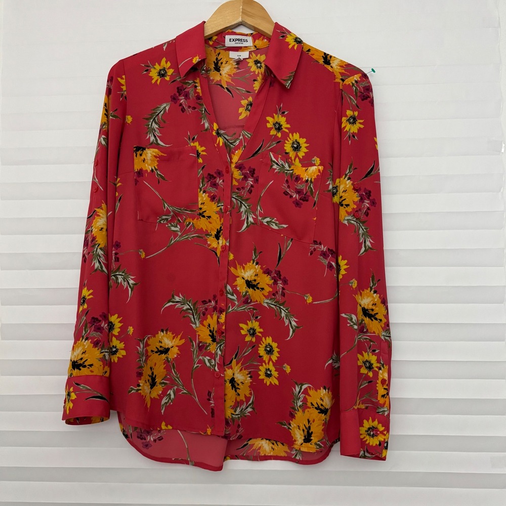 Express Portofino Slim Red Orange Sunflower Floral Button Down Shirt L Fall